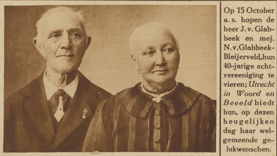 870796 Portret van het echtpaar van Glabbeek-Bleijerveld te Utrecht, dat 40 jaar getrouwd is.